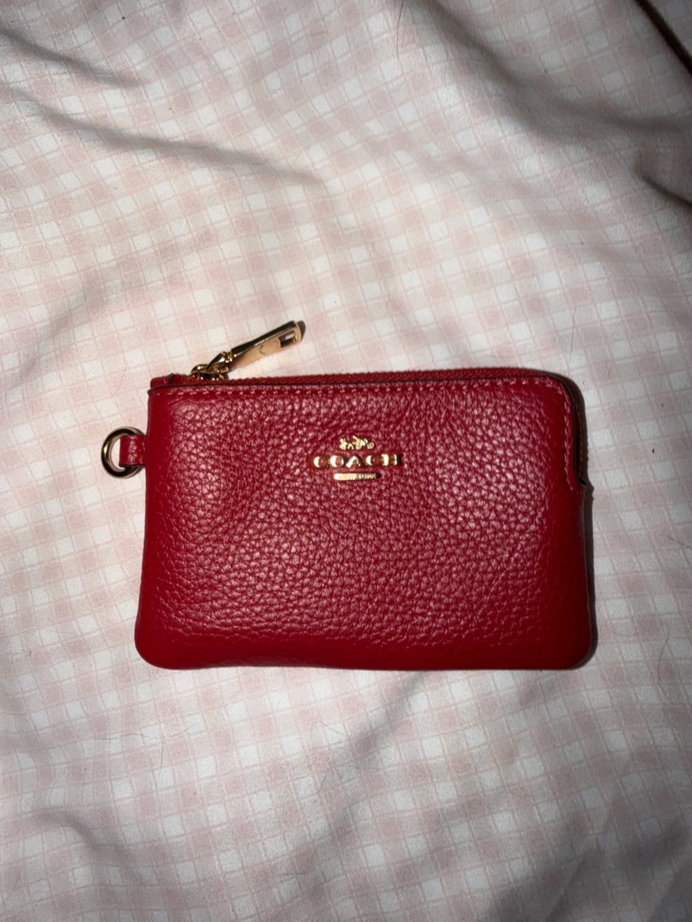 Coach Red Pebbled Leather Zip Card Holder with Keyring